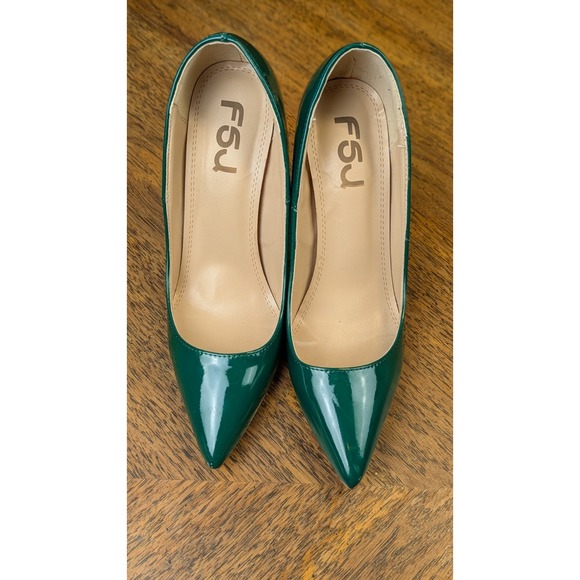 FSJ Green Patent Leather Faux Rhinestones Large Faux Emeralds Encrusted Heels 7 - Picture 3 of 11
